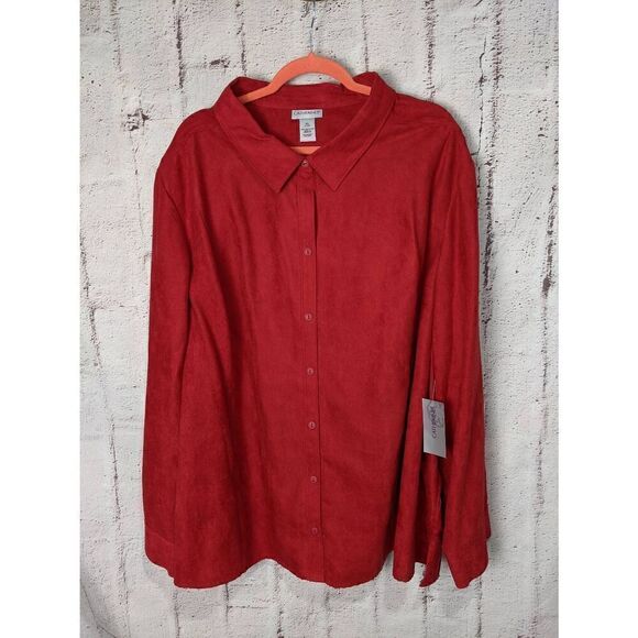 Catherines Red Feels like Suede Button‎ Front Shirt Blouse Womens Shirt 5X 34-36 - Picture 1 of 6